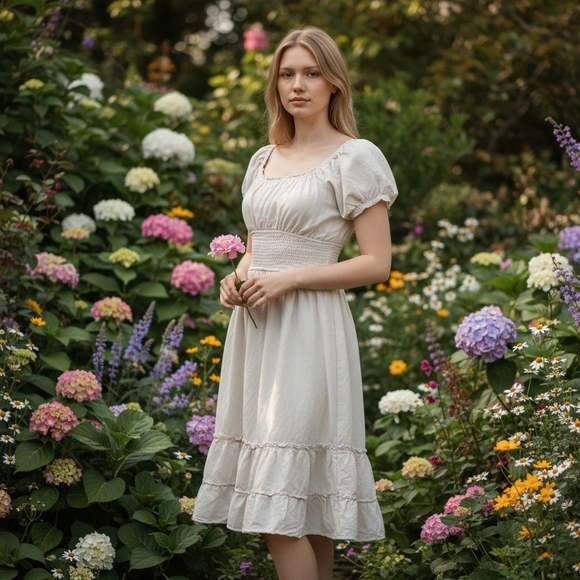 Speed Limit Mph Dresses & Skirts - 💐Vtg Cottagecore Dress MED Cream Midi Smocked Milk Maid Prairie Boho Peasant